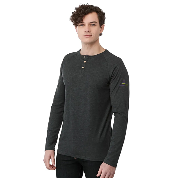 male model wearing dark gray henley long-sleeve t-shirt