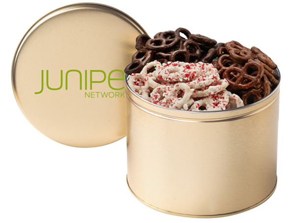 chocolate-dipped pretzel tin