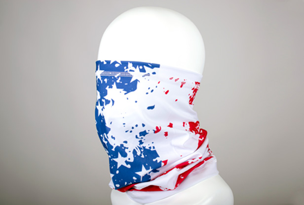 Foam mannequin head wearing red, white and blue neck gaiter