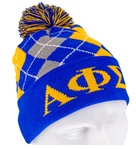 Yellow & blue acrylic beanie with pom