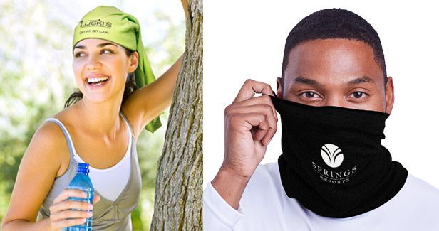 Woman wearing head wrap and man wearing neck gaiter