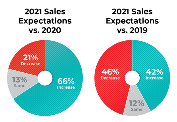 Sales expectations pie chart comparing 2020 to 2019