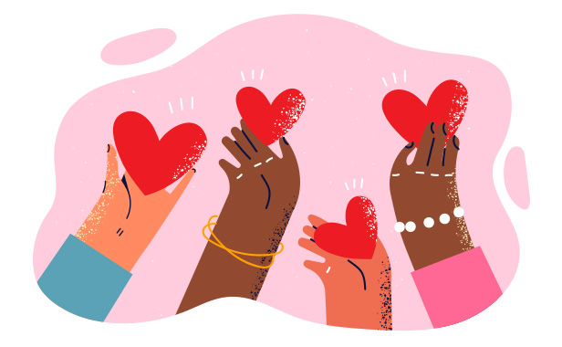 Hearts in hands of people of different races and nationalities symbolize kindness and charity towards ethnic minorities. Hands exchange valentines in form of hearts giving gifts on February 14