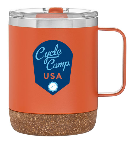 Orange coffee tumbler with lid and cork base