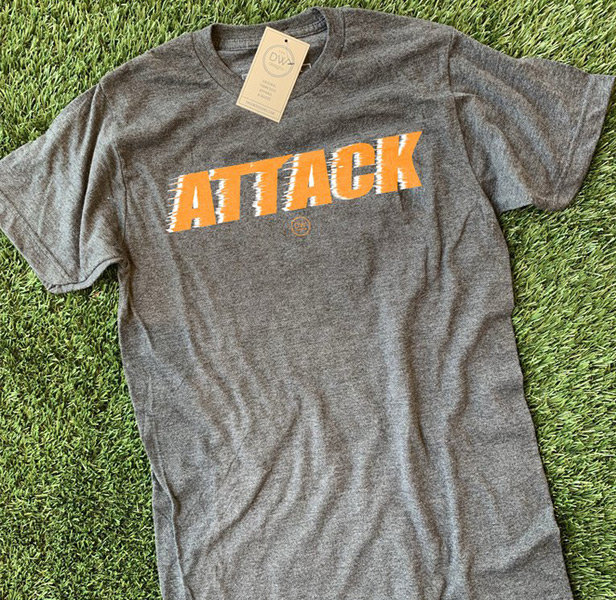 Gray t-shirt that reads Attack