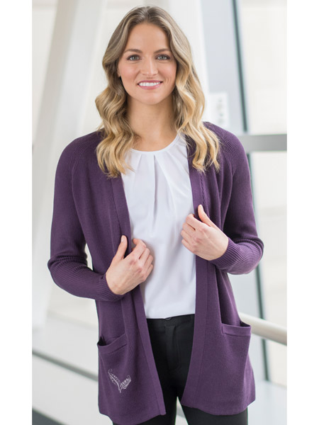 purple cardigan