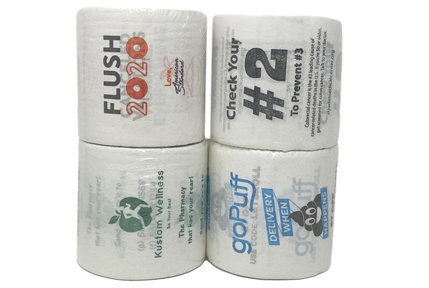 stack of toilet paper featuring custom-printed wrapping