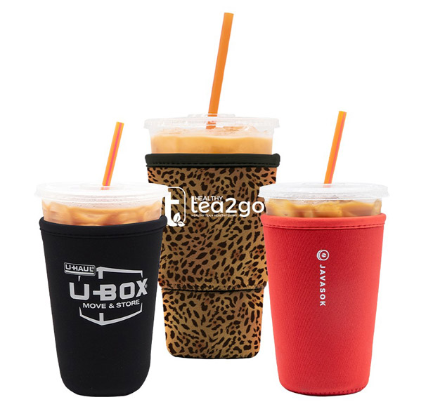 black, animal print and red beverage sleeves