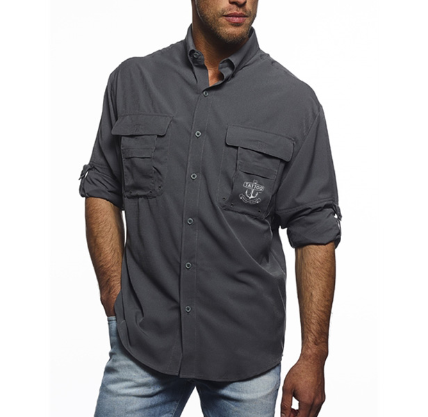 man in gray fishing shirt