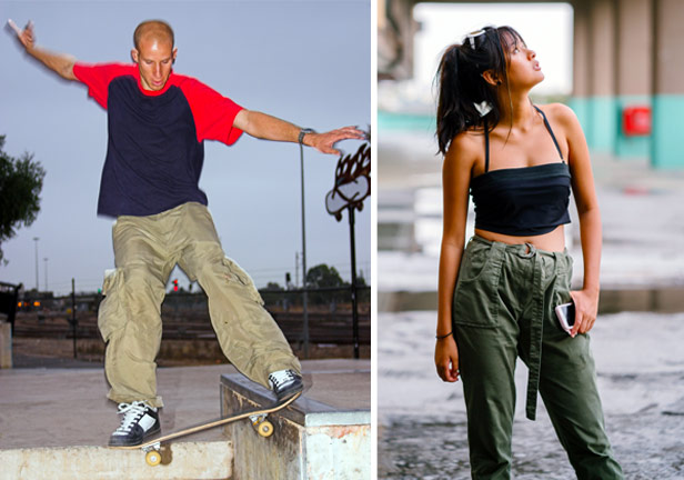 male skateboarder and female looking up, both wearing baggy looks