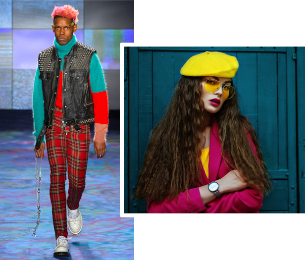 male model on runway in mismatched clothing and female wearing hot pink jacket and yellow beret