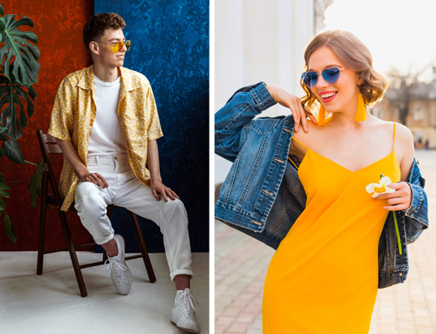 young man sitting in chair wearing yellow button down shirt and woman in bright yellow sundress and jean jacket