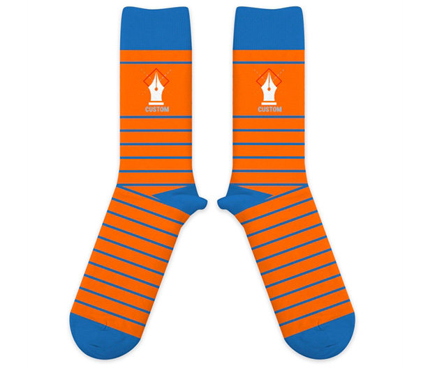 orange socks with blue stripes