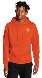 man wearing orange hooded sweatshirt