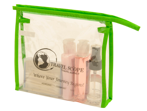 clear toiletry bag with green trim