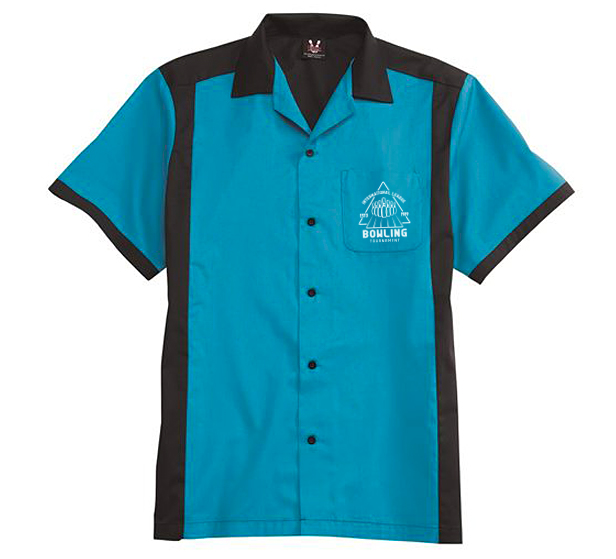 teal bowling shirt with black trim