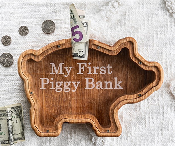 wooden piggy bank