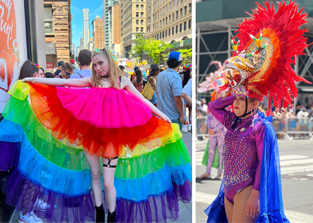 young woman in rainbow dress and a bedazzled attendee