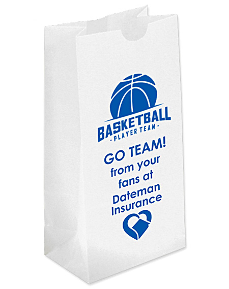 branded popcorn bag, white with blue lettering