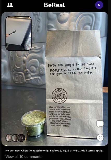 A Chipotle employee snapped this pic of a promo code on a takeout bag and posted it on BeReal. In less than an hour, all 100 codes available had been used.