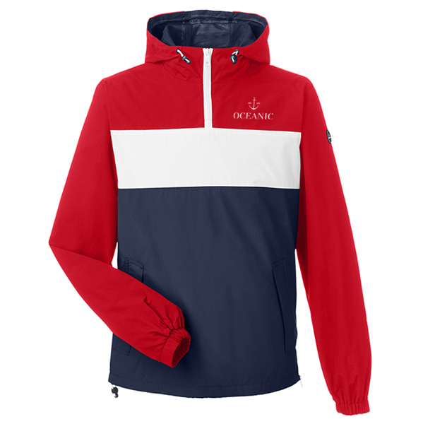 red, white and blue striped Nautica jacket