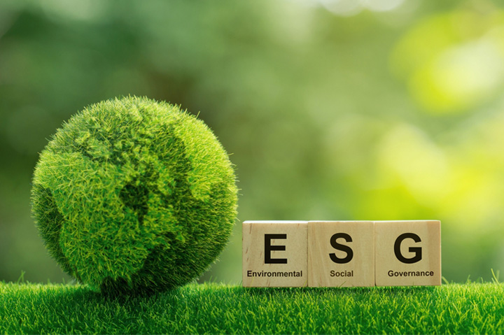 globe made of grass next to block letters 'E' 'S' 'G'