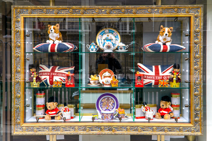 Queen merchandise in window in London, UK