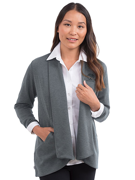 woman wearing gray wool shawl blazer