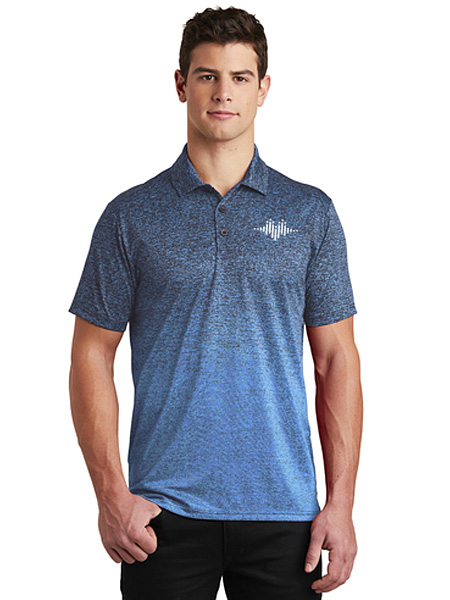 man wearing blue ombre heather polo