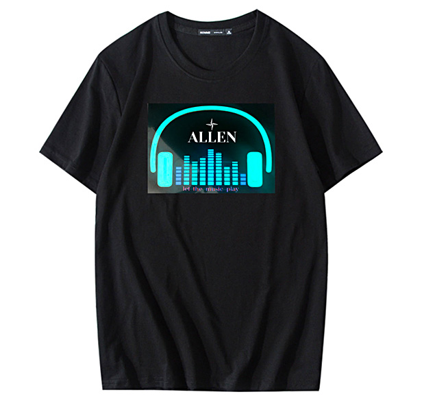 black t-shirt with blue LED lights on logo panel on chest