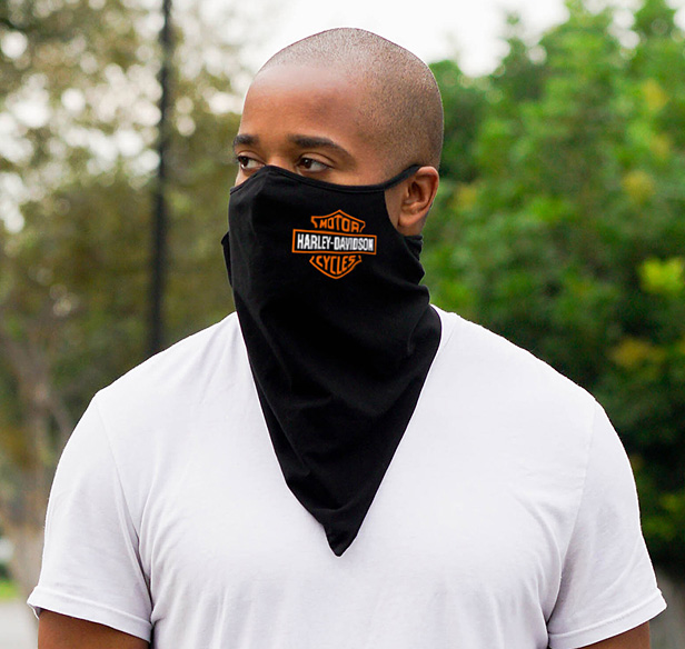 man wearing neck gaiter, white t-shirt