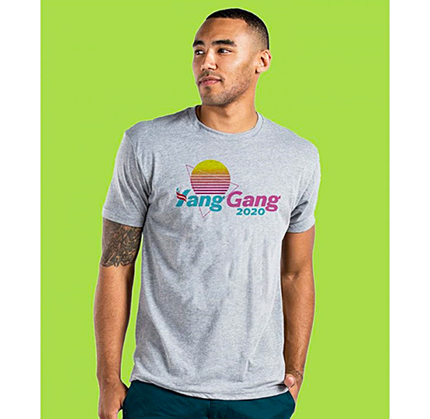 man wearing grey t-shirt, colorful logo