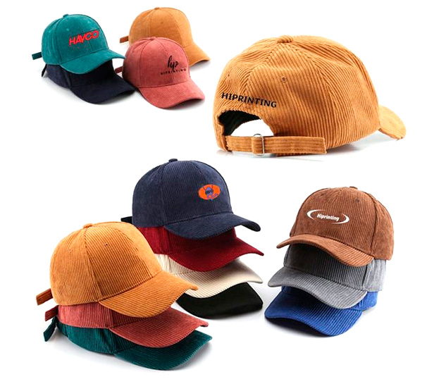 corduroy baseball caps, assorted colors stacked