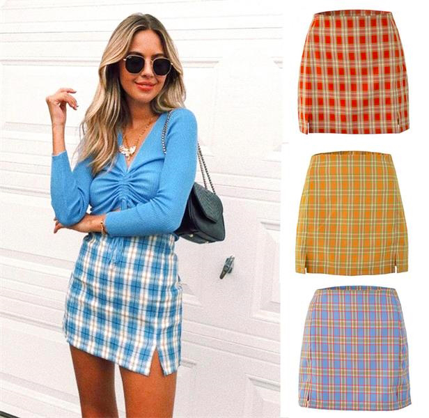 young blond wearing blue plaid mini skirt