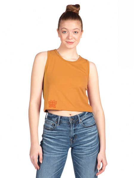young woman wearing orange crop top tank and jeans
