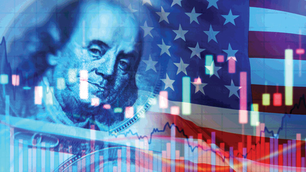 Ben Franklin, US flag, economy concept