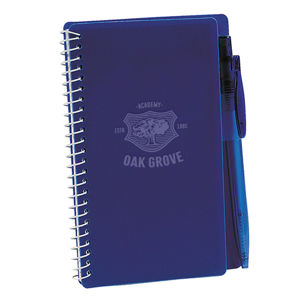 blue spiral notebook & pen