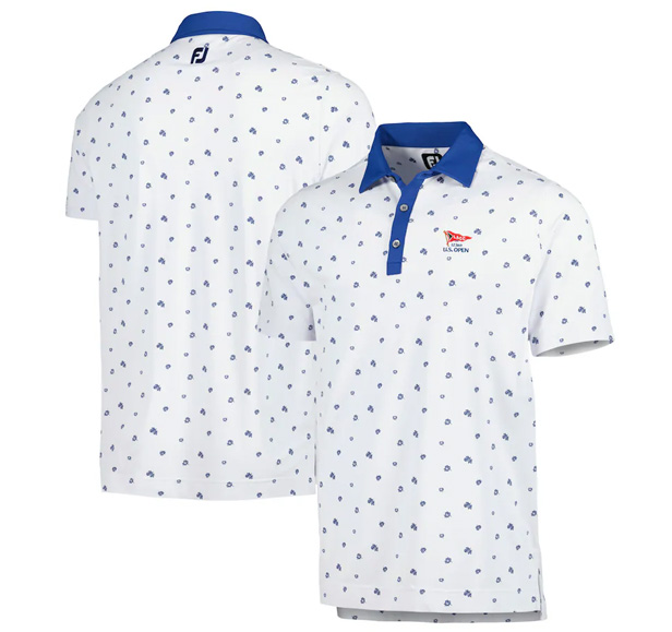 white polo with blue flowers, blue collar