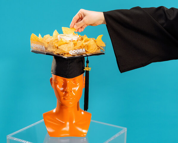 QDOBA grad cap chip & dip holder