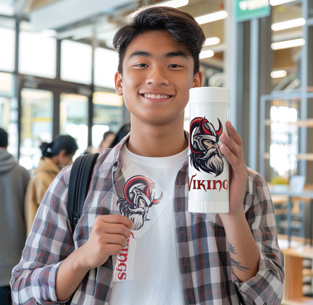 young man holding promo items with Viking transfers