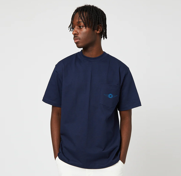 young man modeling navy blue heavy t-shirt