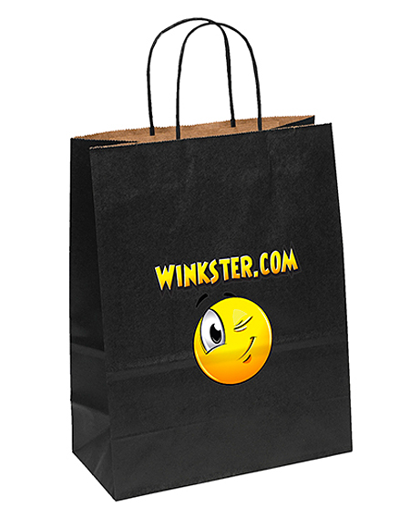 black matte paper shopping bag with winking emoji on front