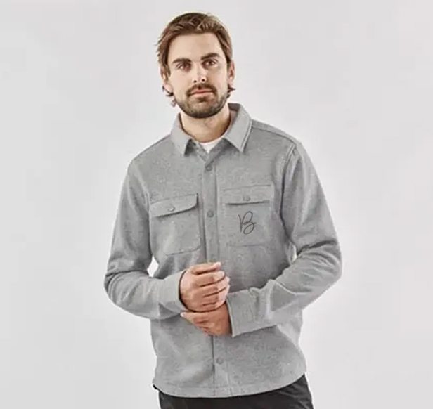male model wearing light gray shacket