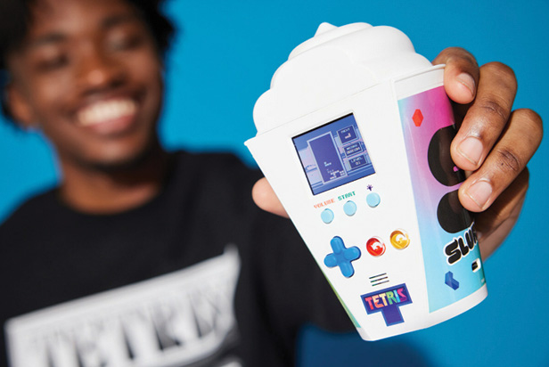 Tetris console shaped like a Slurpee