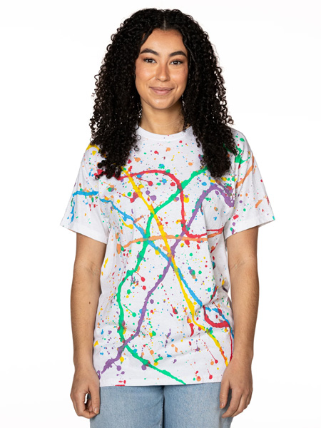 woman wearing splatter-dyed t-shirt