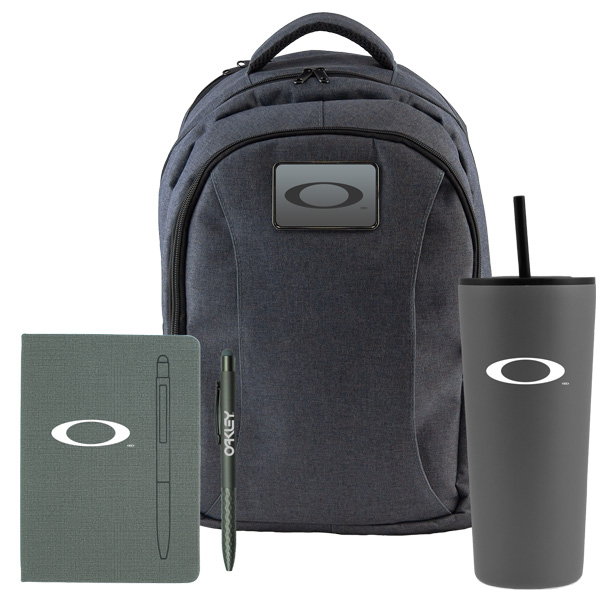 notebook, backpack, cup with straw and pen kit