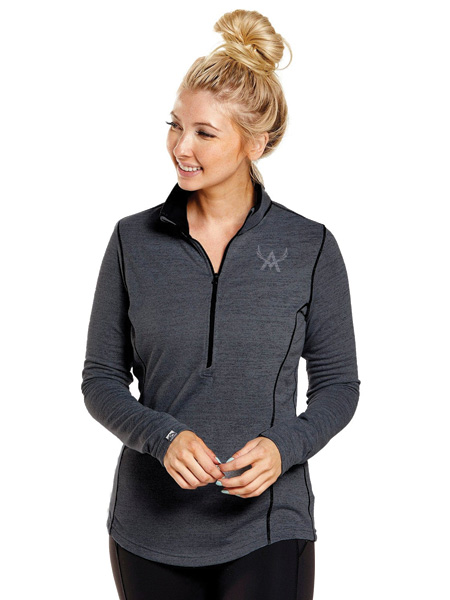 blonde woman wearing gray 1/4 zip pullover