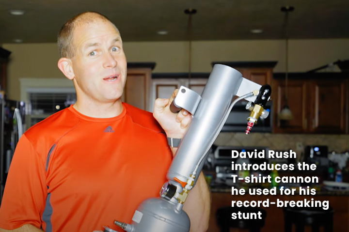 Meet the World Record Holder for Putting on T-shirts Fired From a T-shirt Cannon