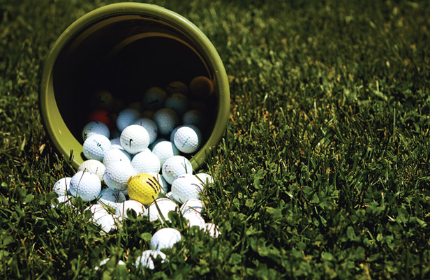 bucket of golf balls in grass