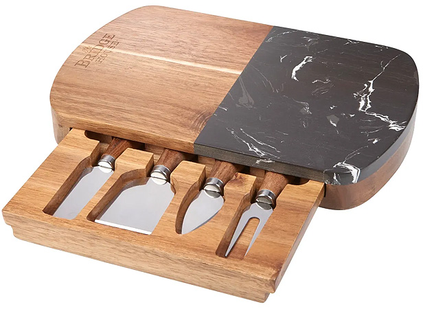 black marble and acacia wood cheese board set